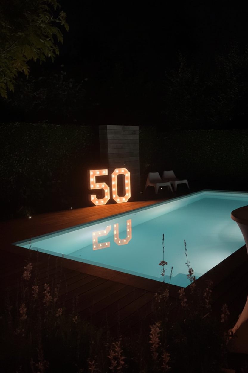 Lichtcijfer 50 bij een zwembad in de avond